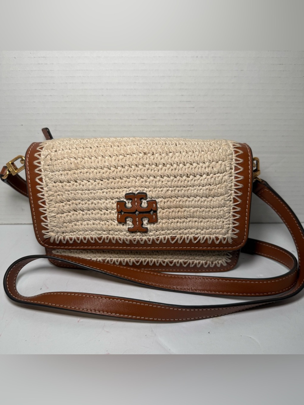 Tory Burch Eleanor Straw Leather Crossbody Bag Natural Tan Woven Raffia Flap